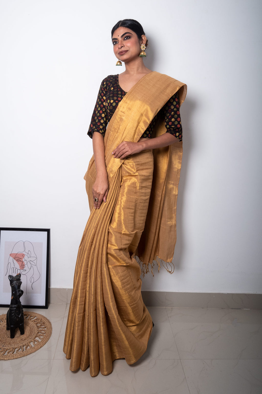 Beige Golden Cotton Tissue Saree