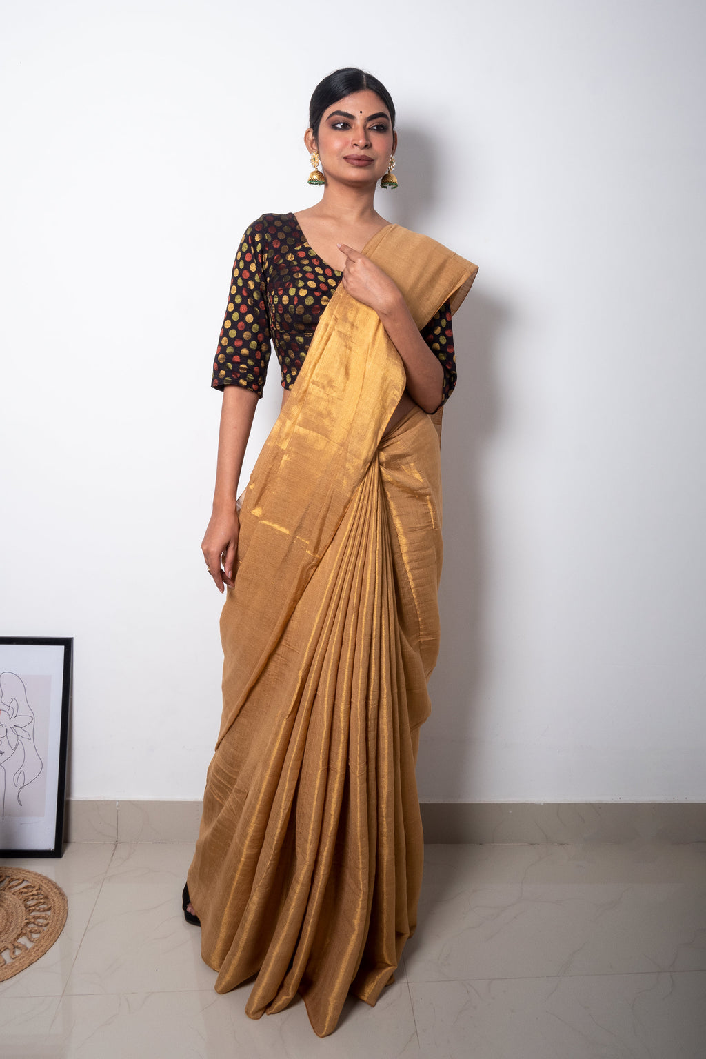 Beige Golden Cotton Tissue Saree