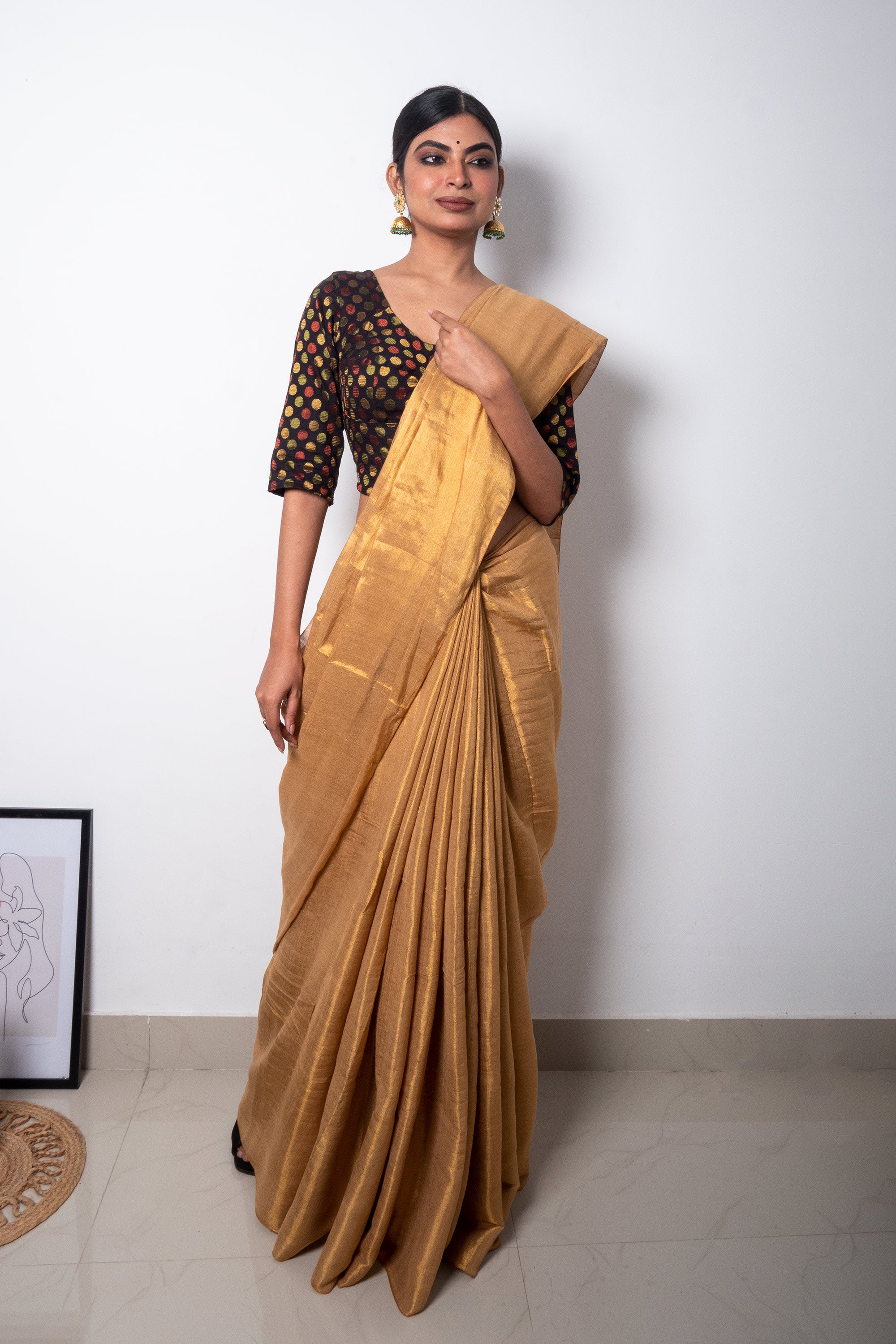 Beige Golden Cotton Tissue Saree