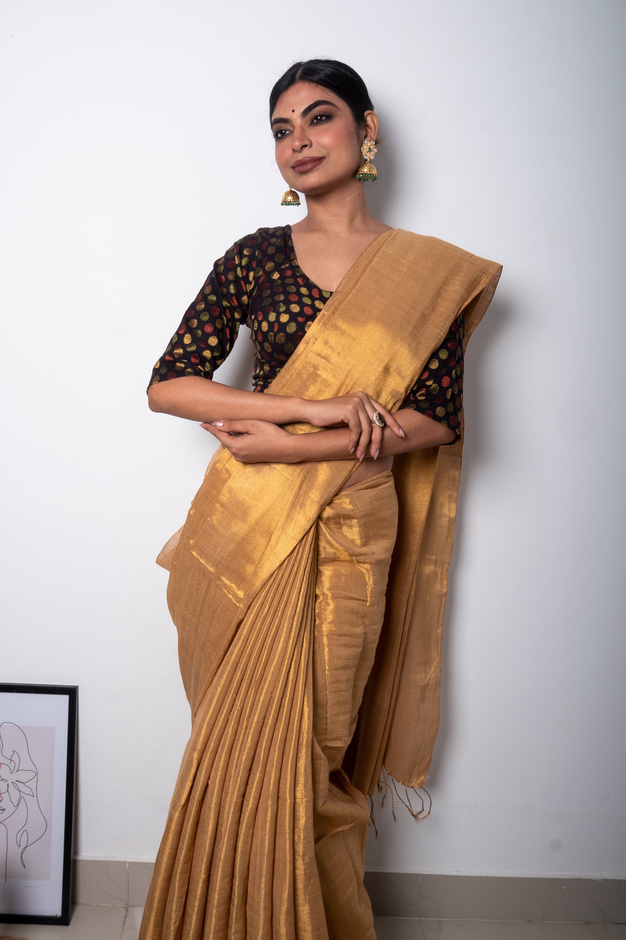 Beige Golden Cotton Tissue Saree