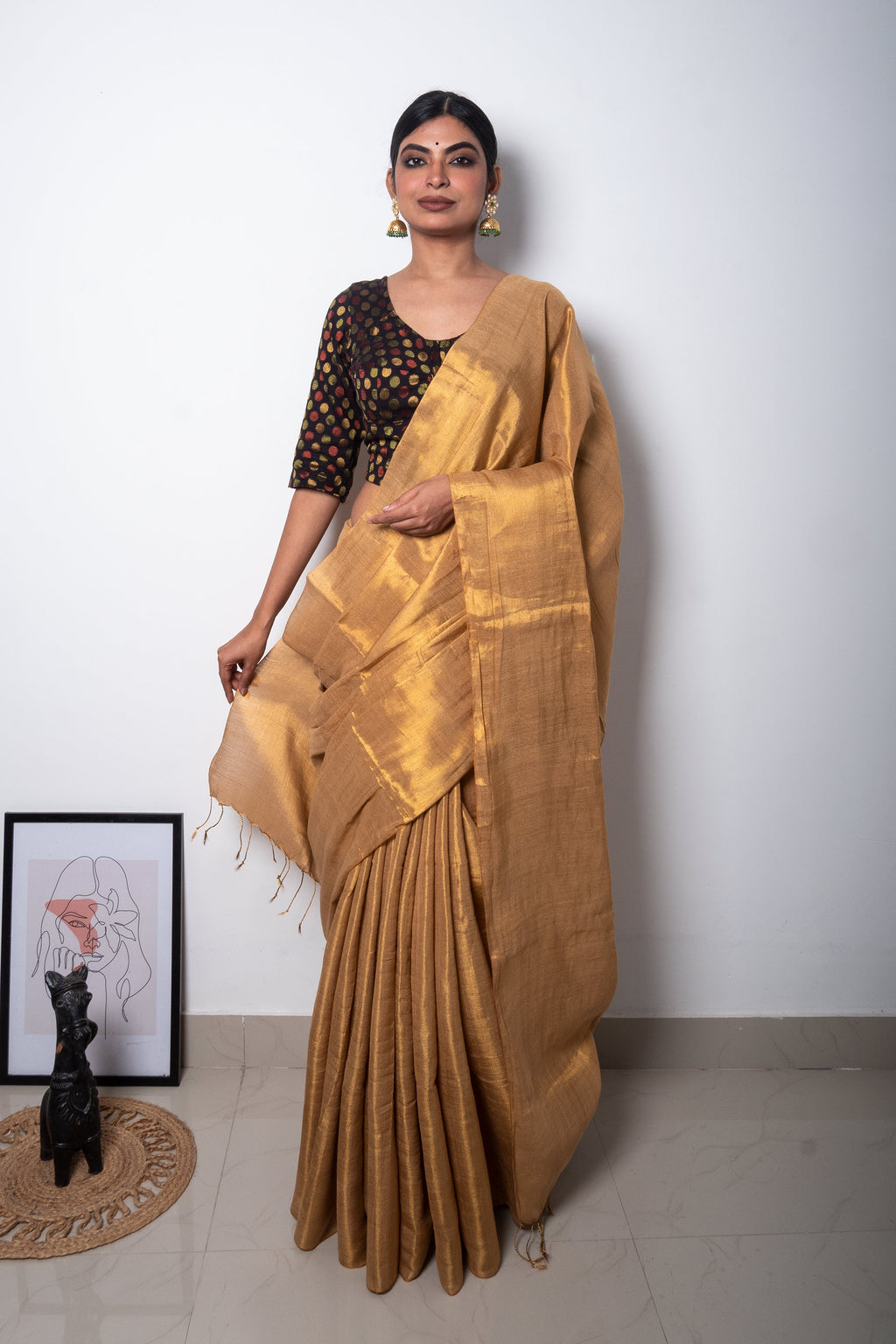 Beige Golden Cotton Tissue Saree