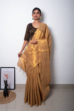 Beige Golden Cotton Tissue Saree