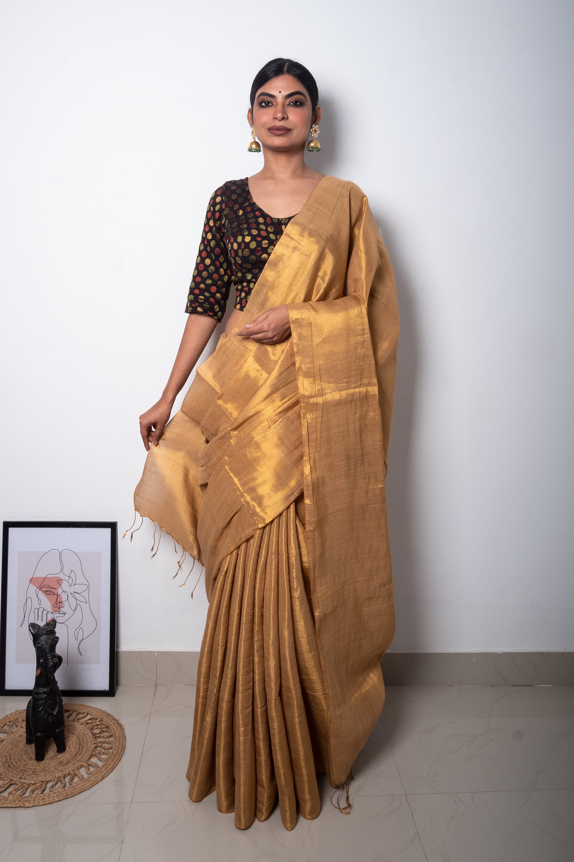 Beige Golden Cotton Tissue Saree