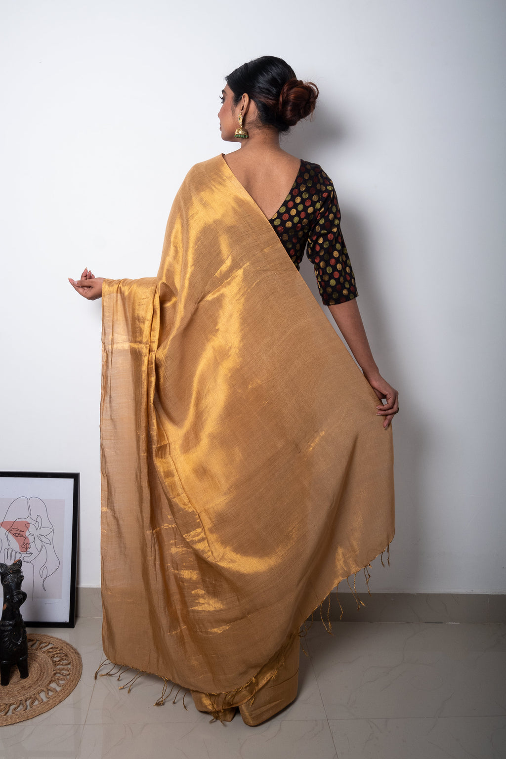 Beige Golden Cotton Tissue Saree