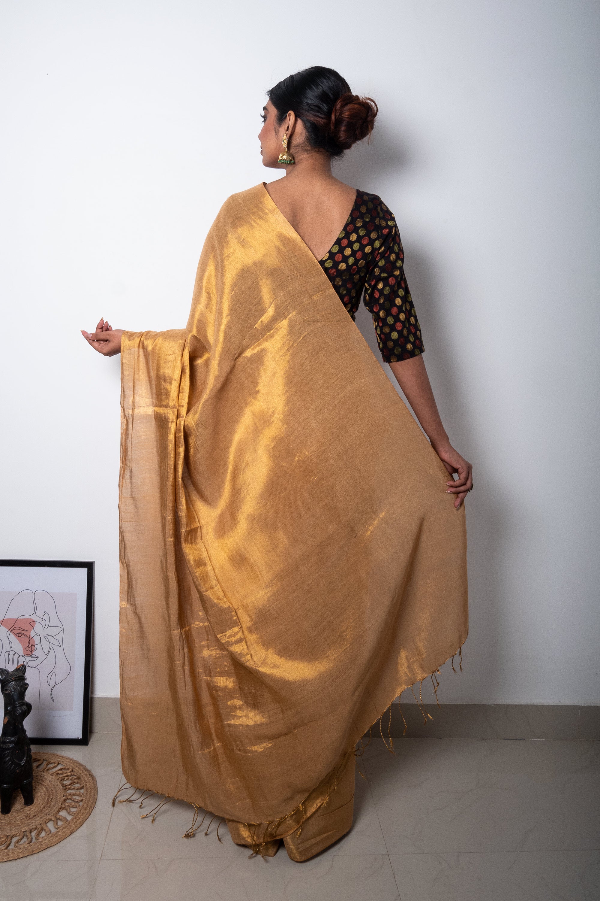 Beige Golden Cotton Tissue Saree