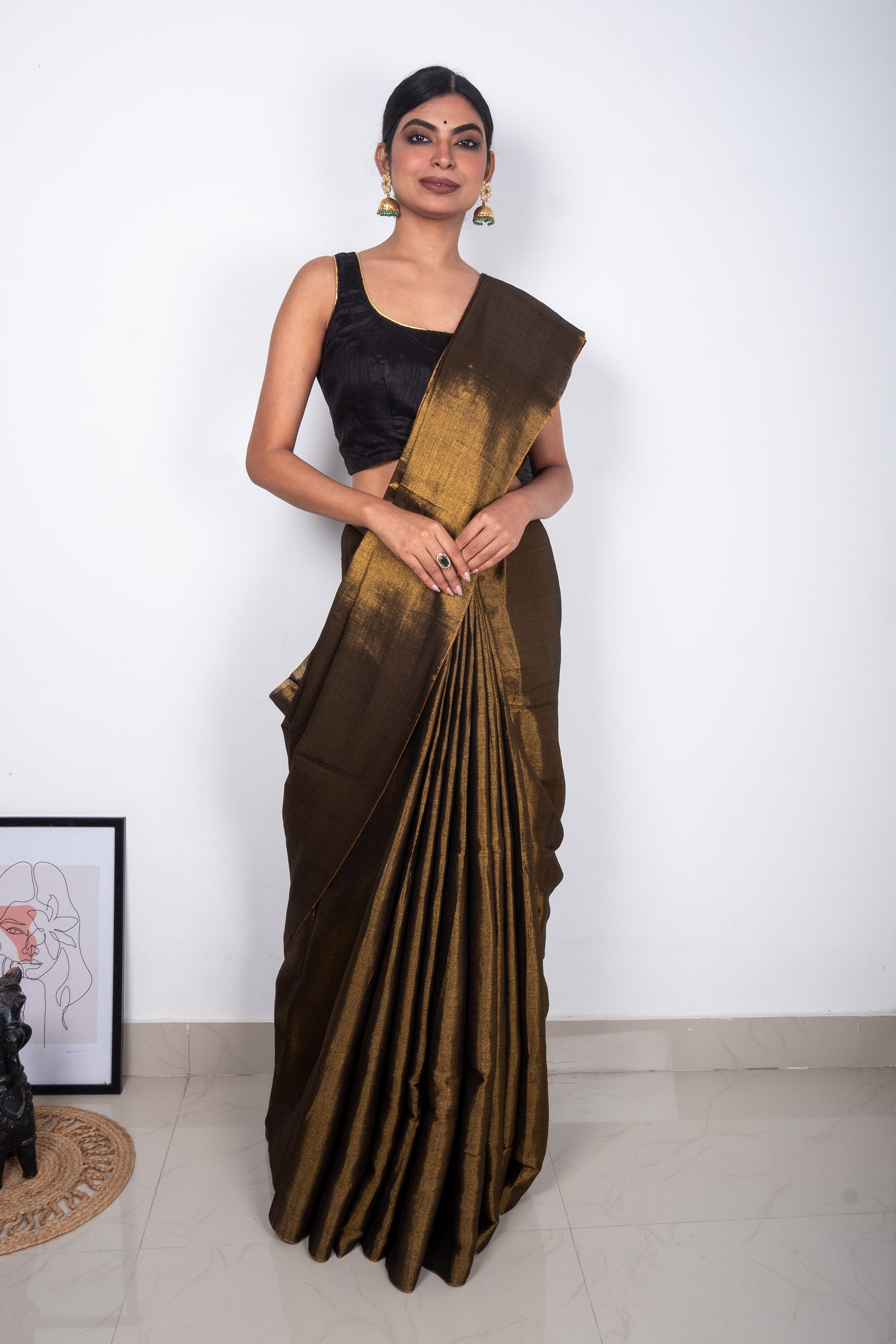 Copper Golden Cotton Tissue Saree