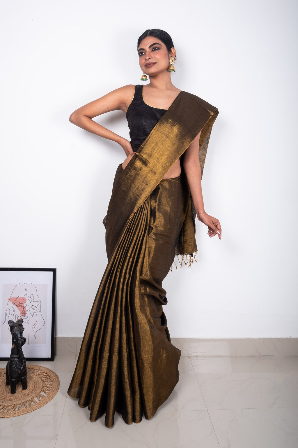 Copper Golden Cotton Tissue Saree