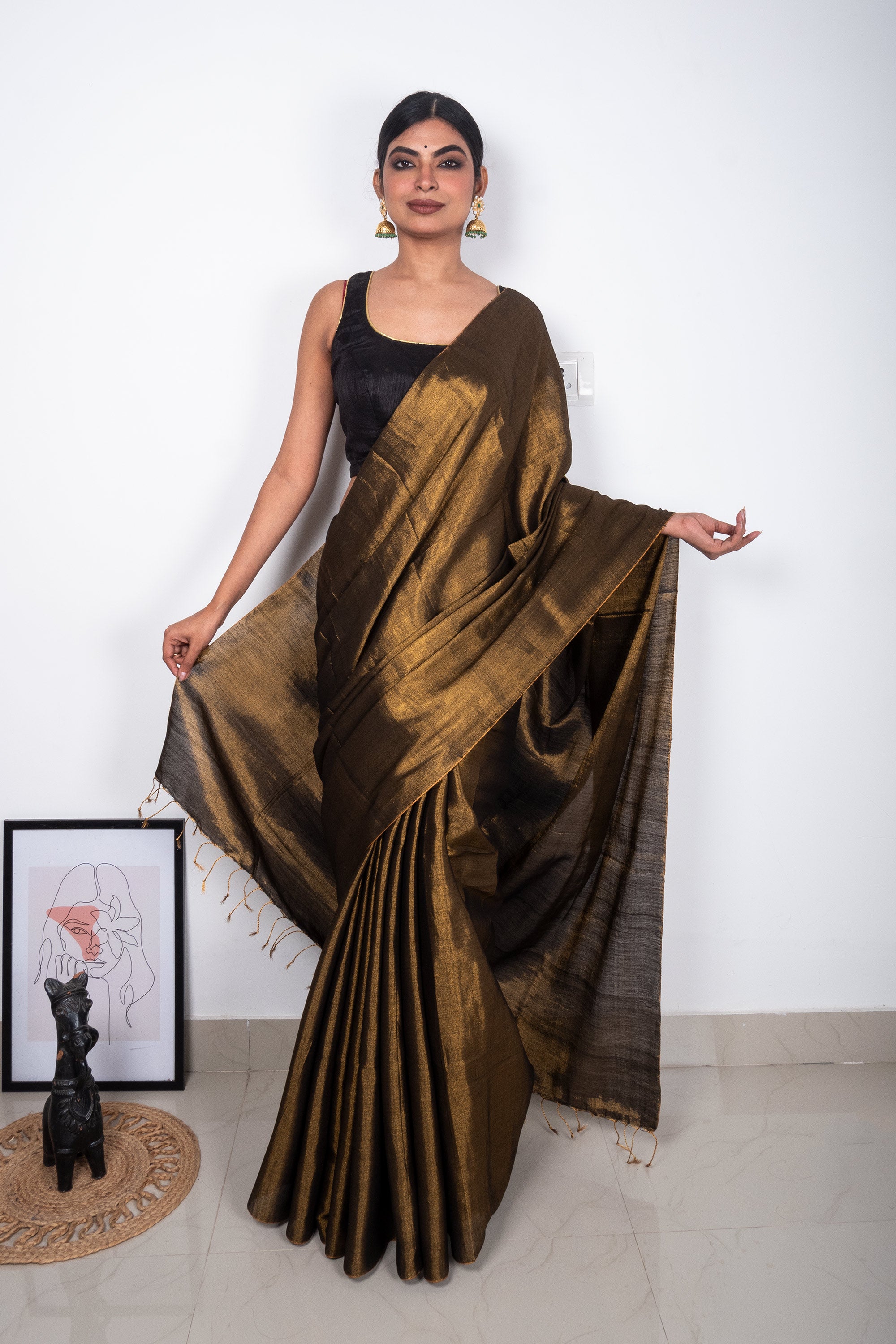 Copper Golden Cotton Tissue Saree