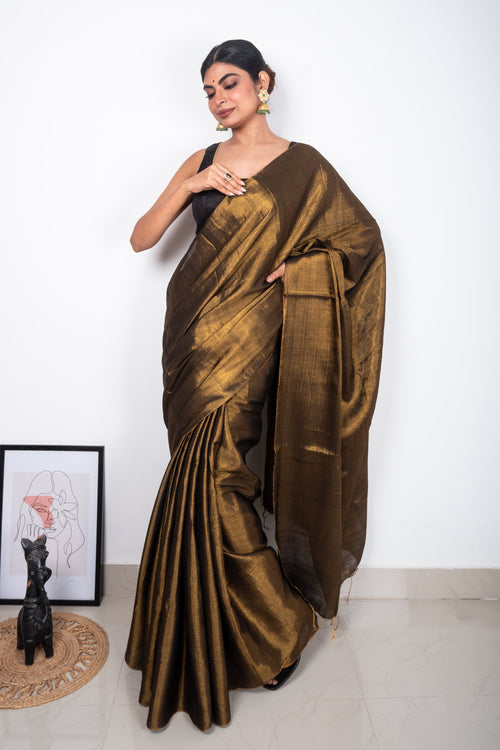 Copper Golden Cotton Tissue Saree