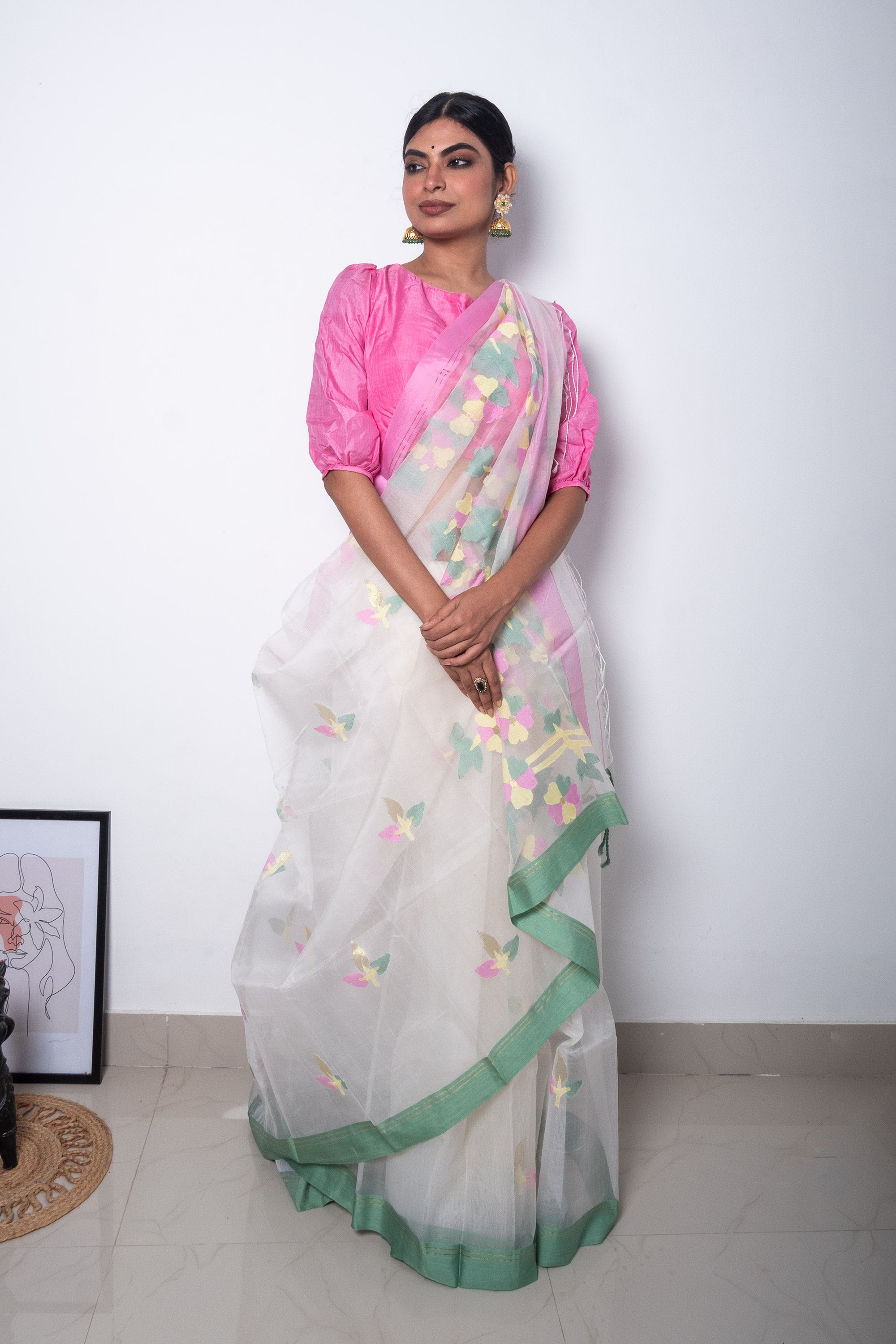 Handloom Jamdani Saree - Green and White - ArtisanSoul