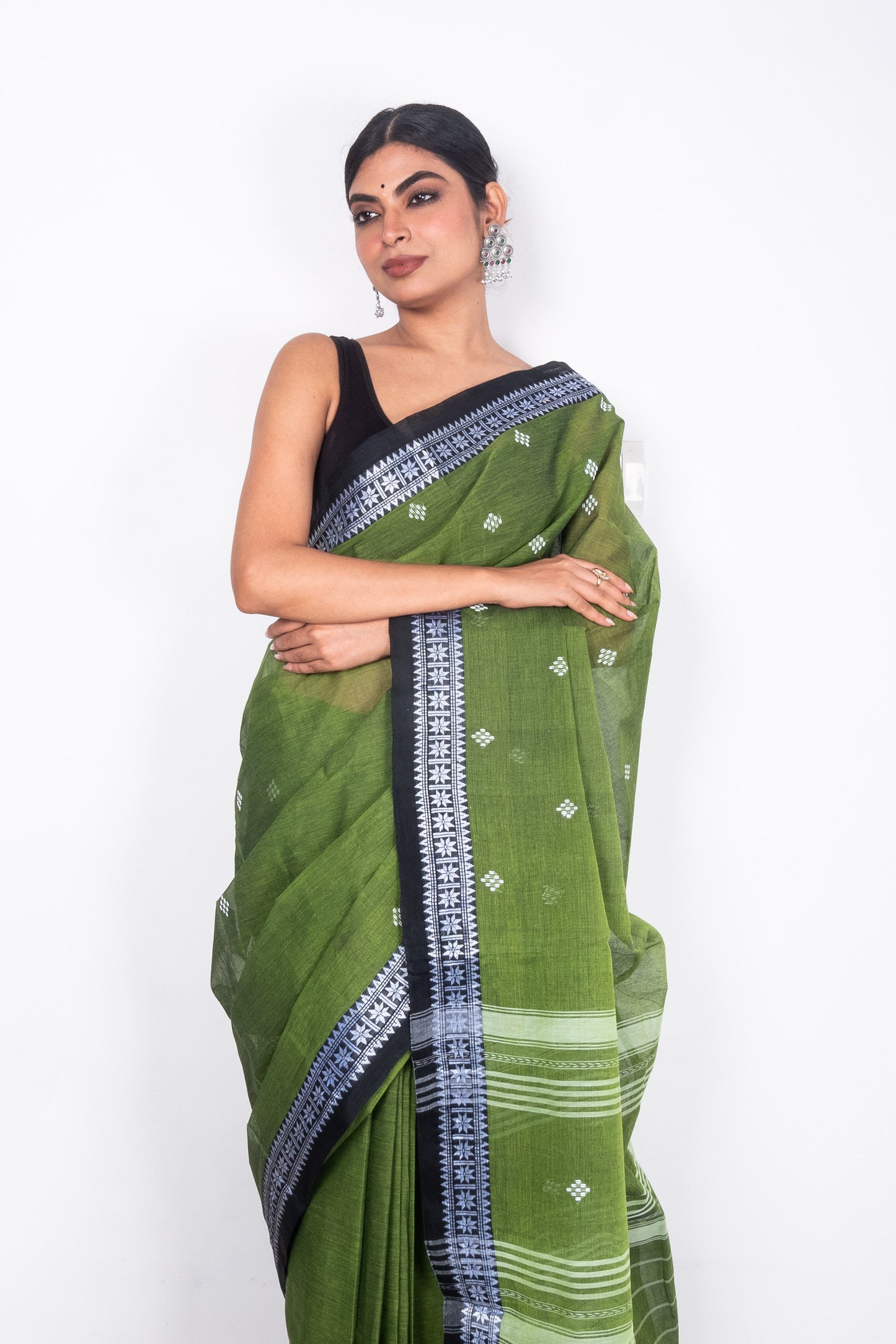 Green Cotton Dhaniakhali Saree with Black Woven Borders