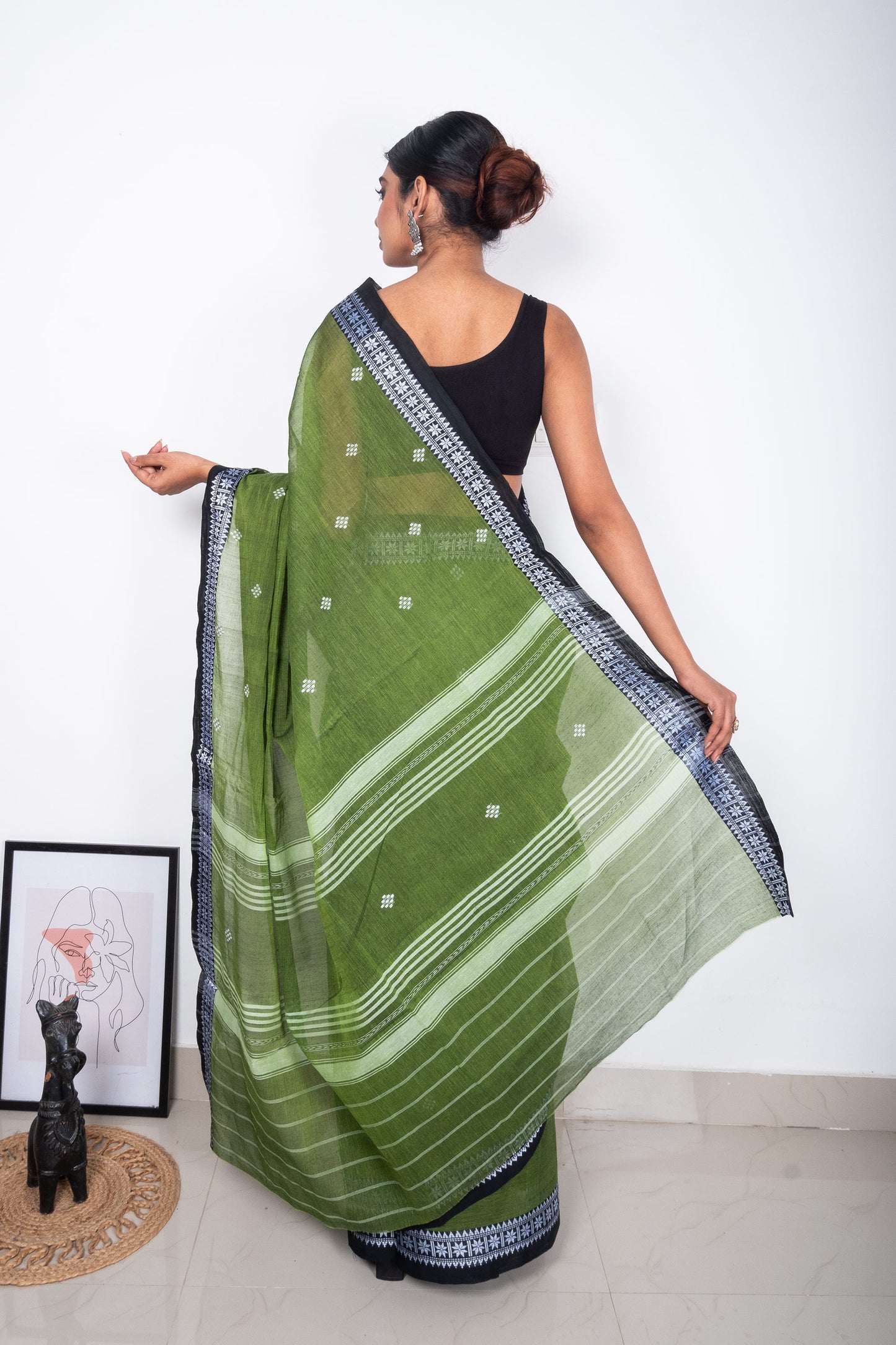 Green Cotton Dhaniakhali Saree with Black Woven Borders
