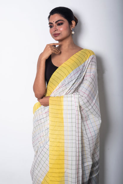 Off White Cotton Check Dhaniakhali Saree with Yellow Borders