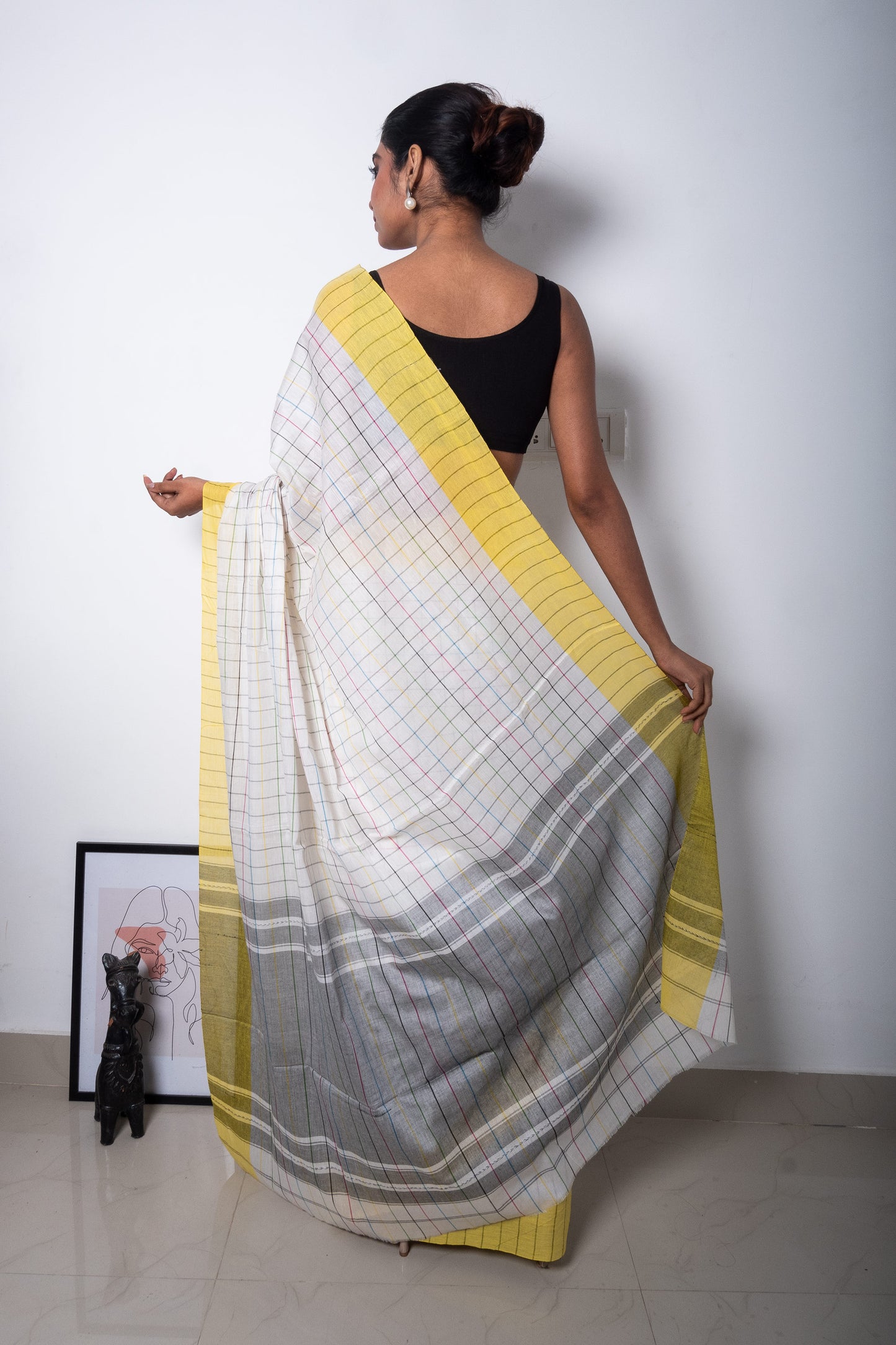 Off White Cotton Check Dhaniakhali Saree with Yellow Borders