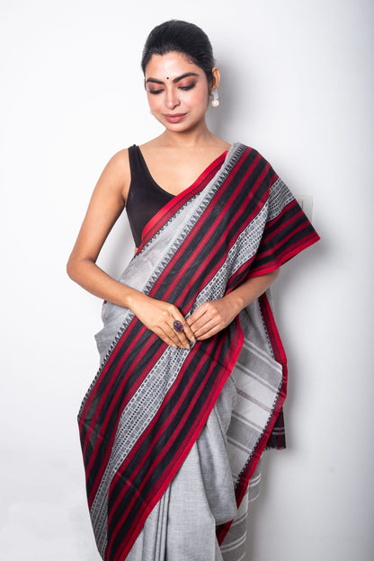 Grey Cotton Dhaniakhali Saree with Red and Black Woven Borders