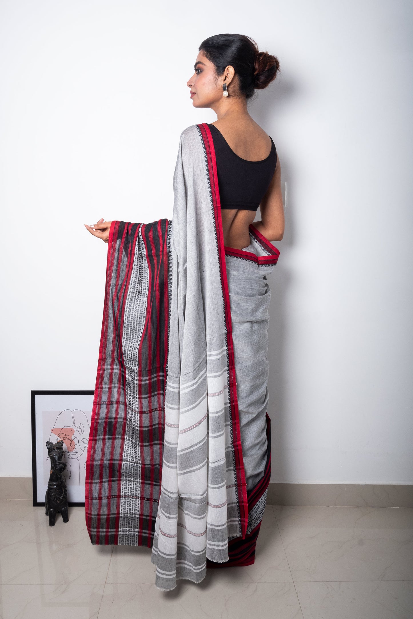 Grey Cotton Dhaniakhali Saree with Red and Black Woven Borders