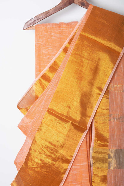 Orangey Peach Linen by Linen Saree with Zari Borders