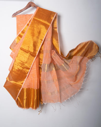 Orangey Peach Linen by Linen Saree with Zari Borders