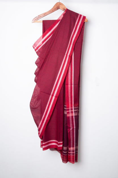 Red Black Cotton Small Check Dhaniakhali Saree with White Thin Borders