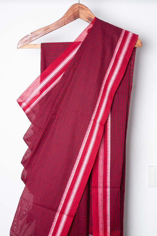 Red Black Cotton Small Check Dhaniakhali Saree with White Thin Borders