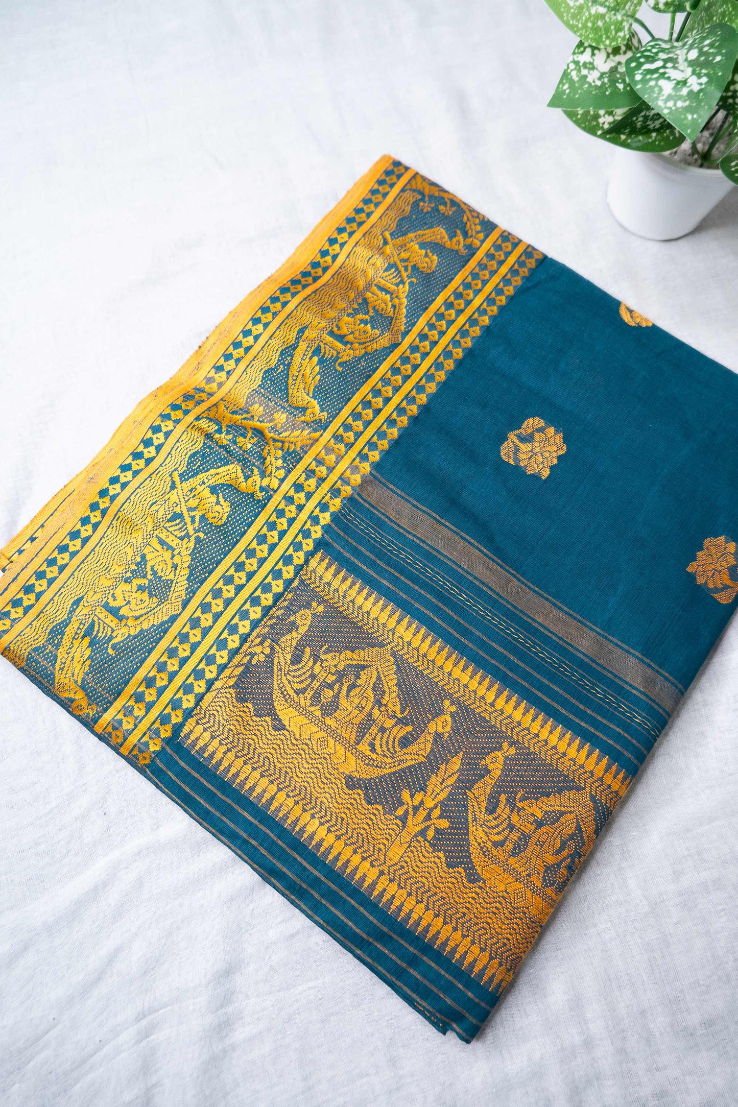 Teal Blue Cotton Handloom Woven Baluchari Saree with Human Motifs