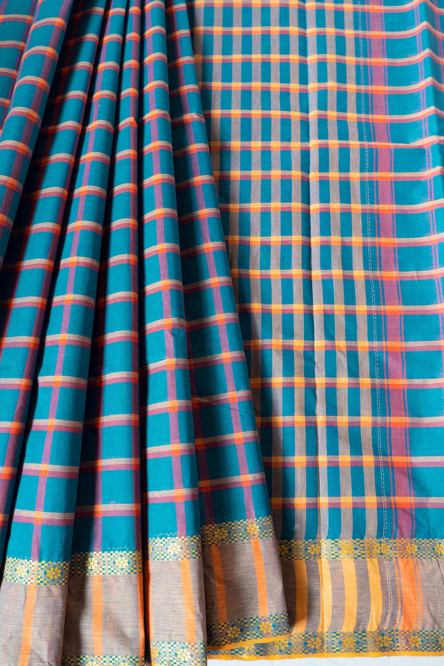 Teal Blue Cotton Handloom Woven Dhaniakhali Check Saree