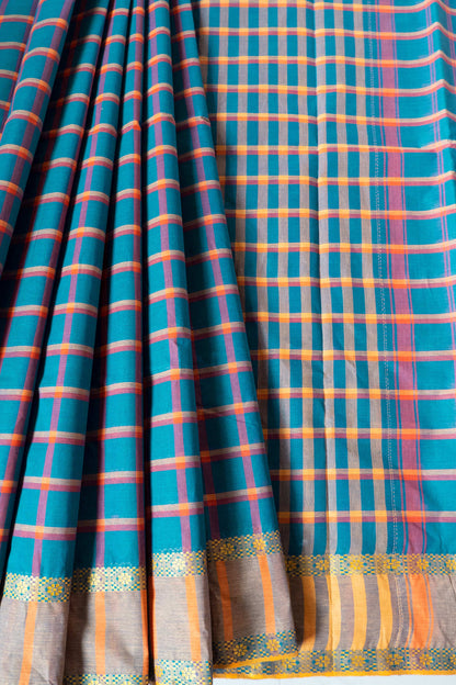 Teal Blue Cotton Handloom Woven Dhaniakhali Check Saree