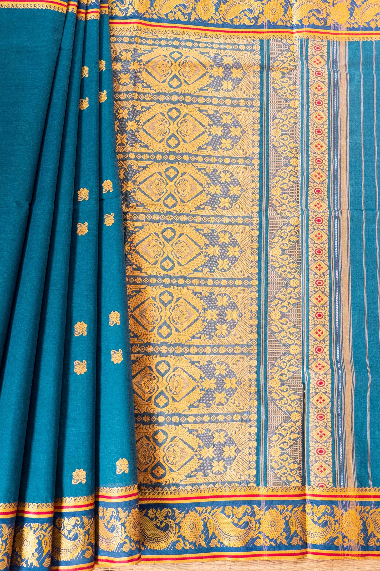 Teal Blue Cotton Handloom Woven Baluchari Saree