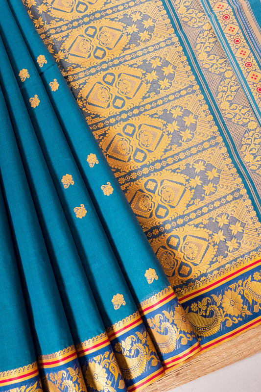 Teal Blue Cotton Handloom Woven Baluchari Saree