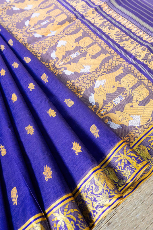 Indigo Blue Cotton Handloom Woven Baluchari Saree With Elephant Motifs