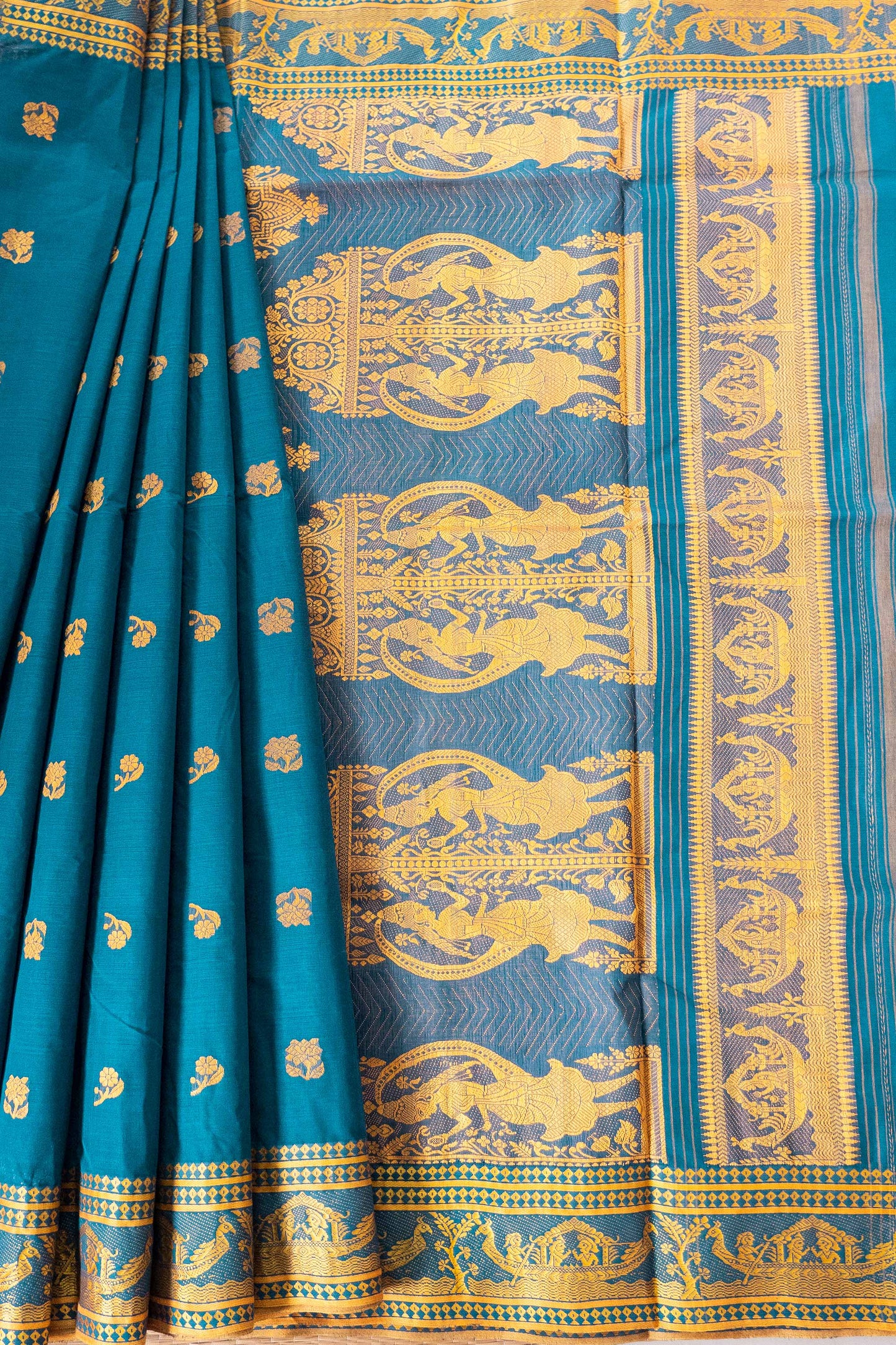 Teal Blue Cotton Handloom Woven Baluchari Saree with Human Motifs
