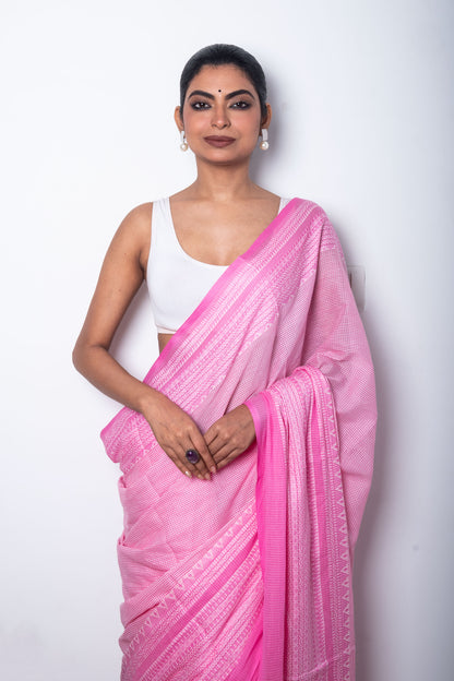Barbie Pink White Cotton Small Check Dhaniakhali Saree with Skirt Borders