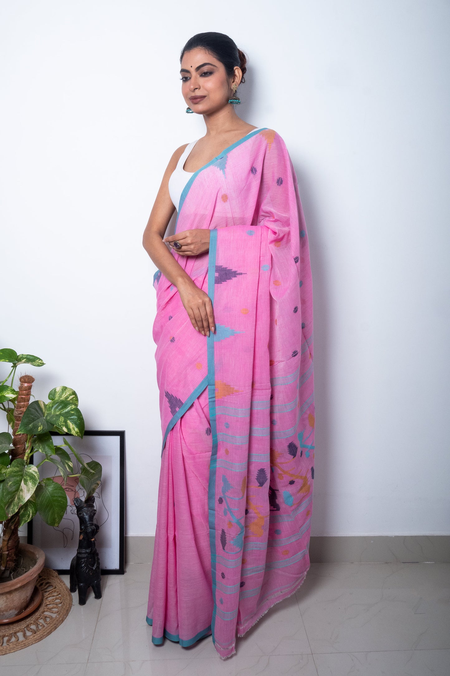 Bubblegum Pink Cotton Purely Handloom Needle Woven Jamdani Saree