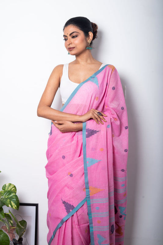 Bubblegum Pink Cotton Purely Handloom Needle Woven Jamdani Saree