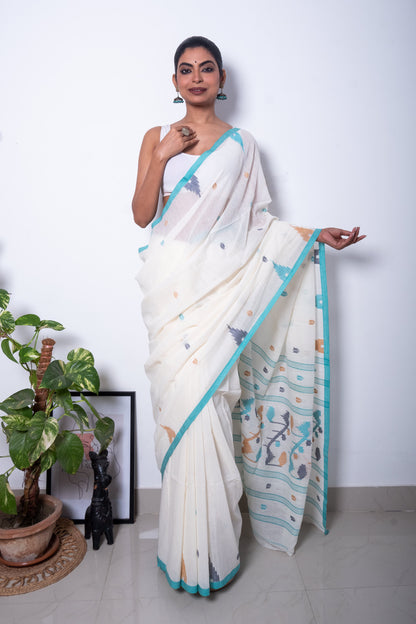 Creamy White Cotton Purely Handloom Needle Woven Jamdani Saree