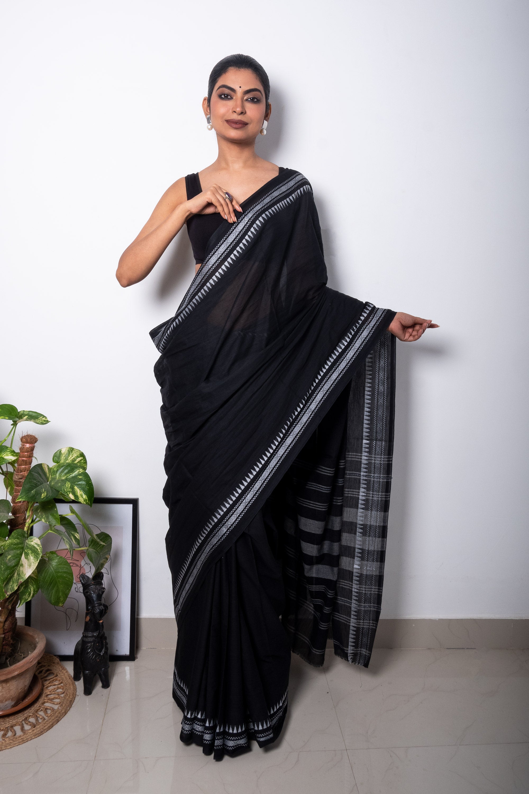 Black Cotton Dhaniakhali Saree with White Thin Borders
