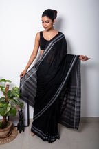Black Cotton Dhaniakhali Saree with White Thin Borders