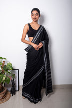 Black Cotton Dhaniakhali Saree with White Thin Borders