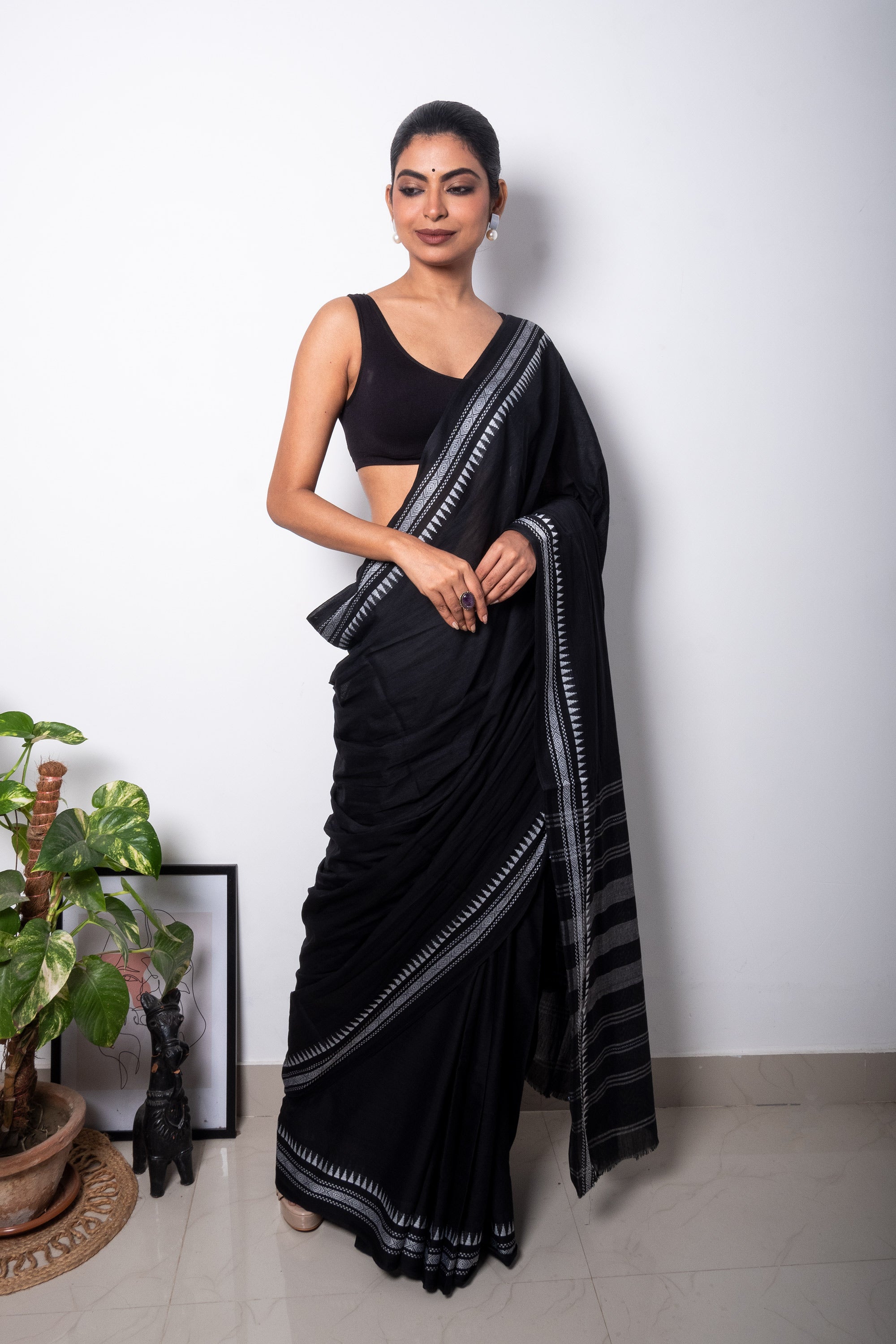 Black Cotton Dhaniakhali Saree with White Thin Borders