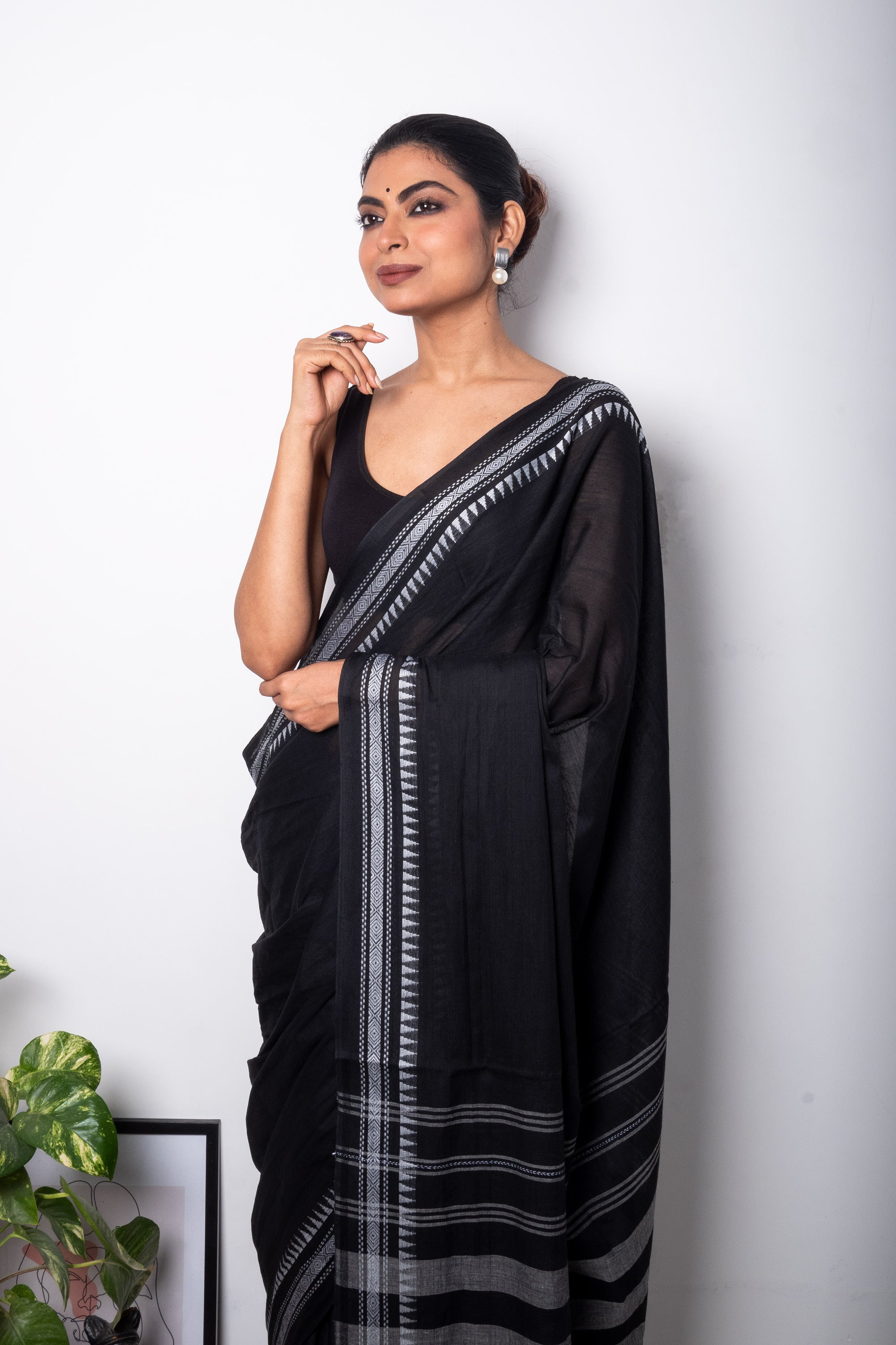 Black Cotton Dhaniakhali Saree with White Thin Borders