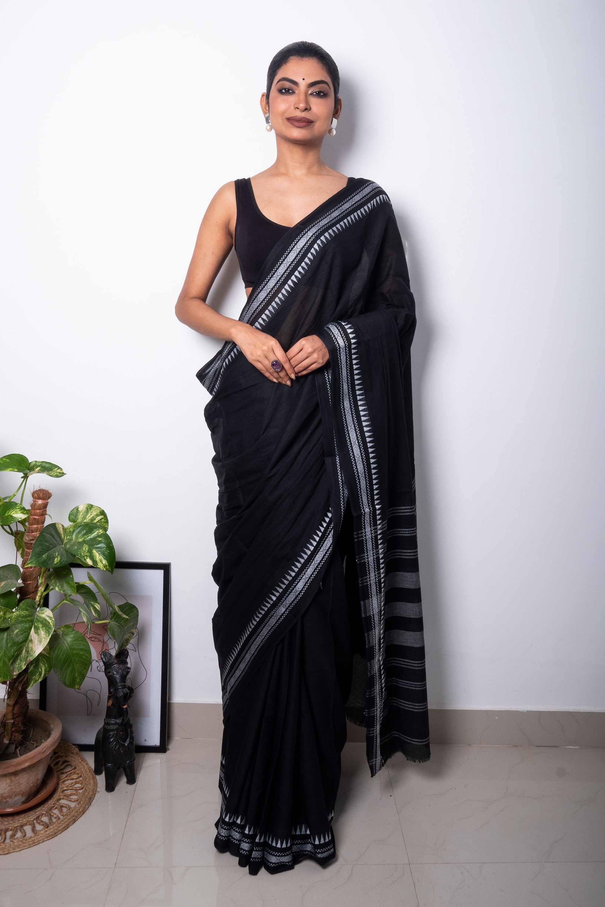 Black Cotton Dhaniakhali Saree with White Thin Borders