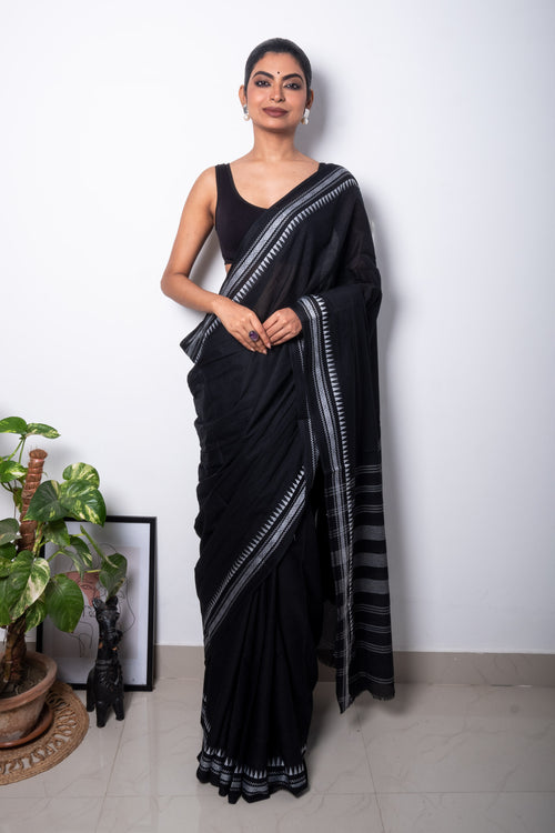 Black Cotton Dhaniakhali Saree with White Thin Borders