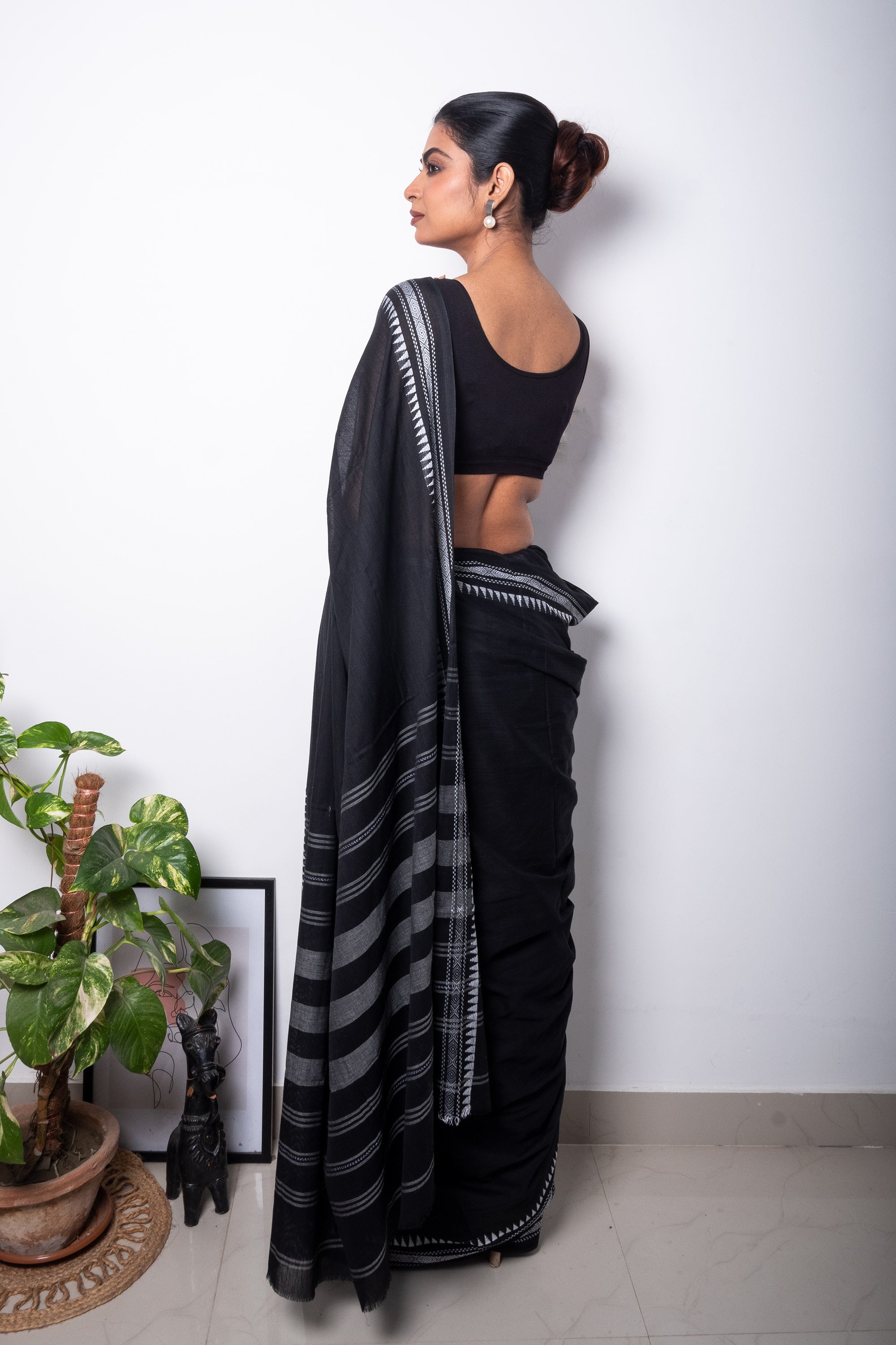 Black Cotton Dhaniakhali Saree with White Thin Borders