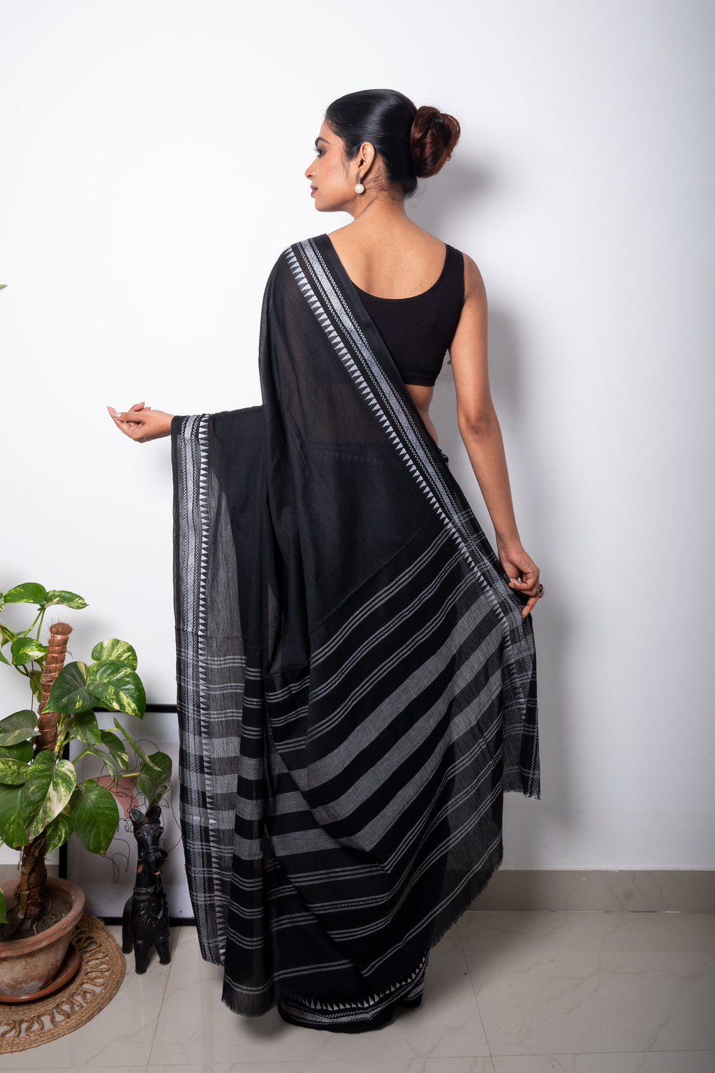 Black Cotton Dhaniakhali Saree with White Thin Borders