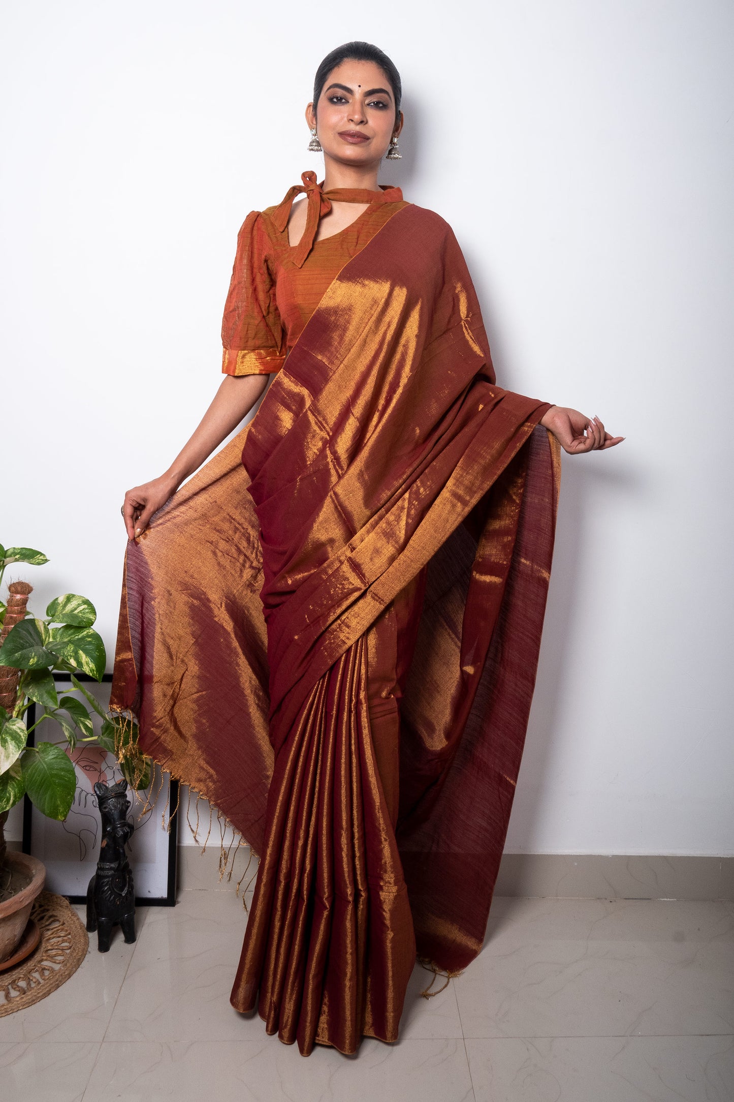 Brown Rust Cotton Tissue Saree