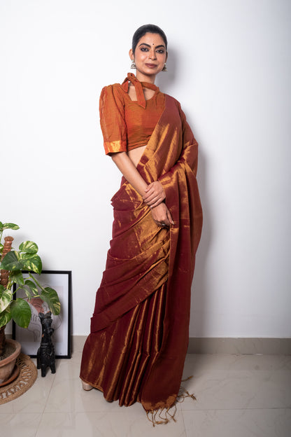 Brown Rust Cotton Tissue Saree