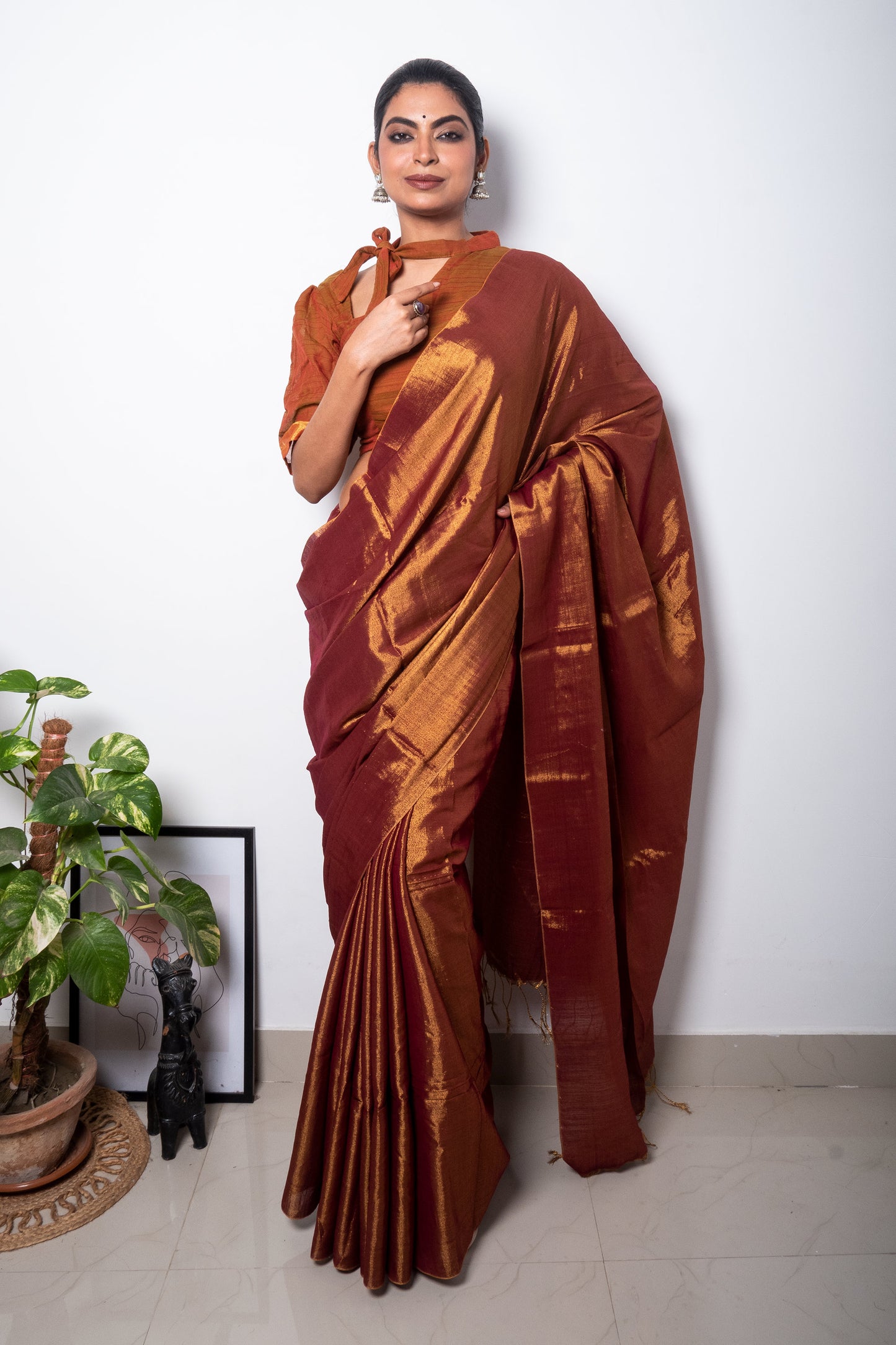 Brown Rust Cotton Tissue Saree