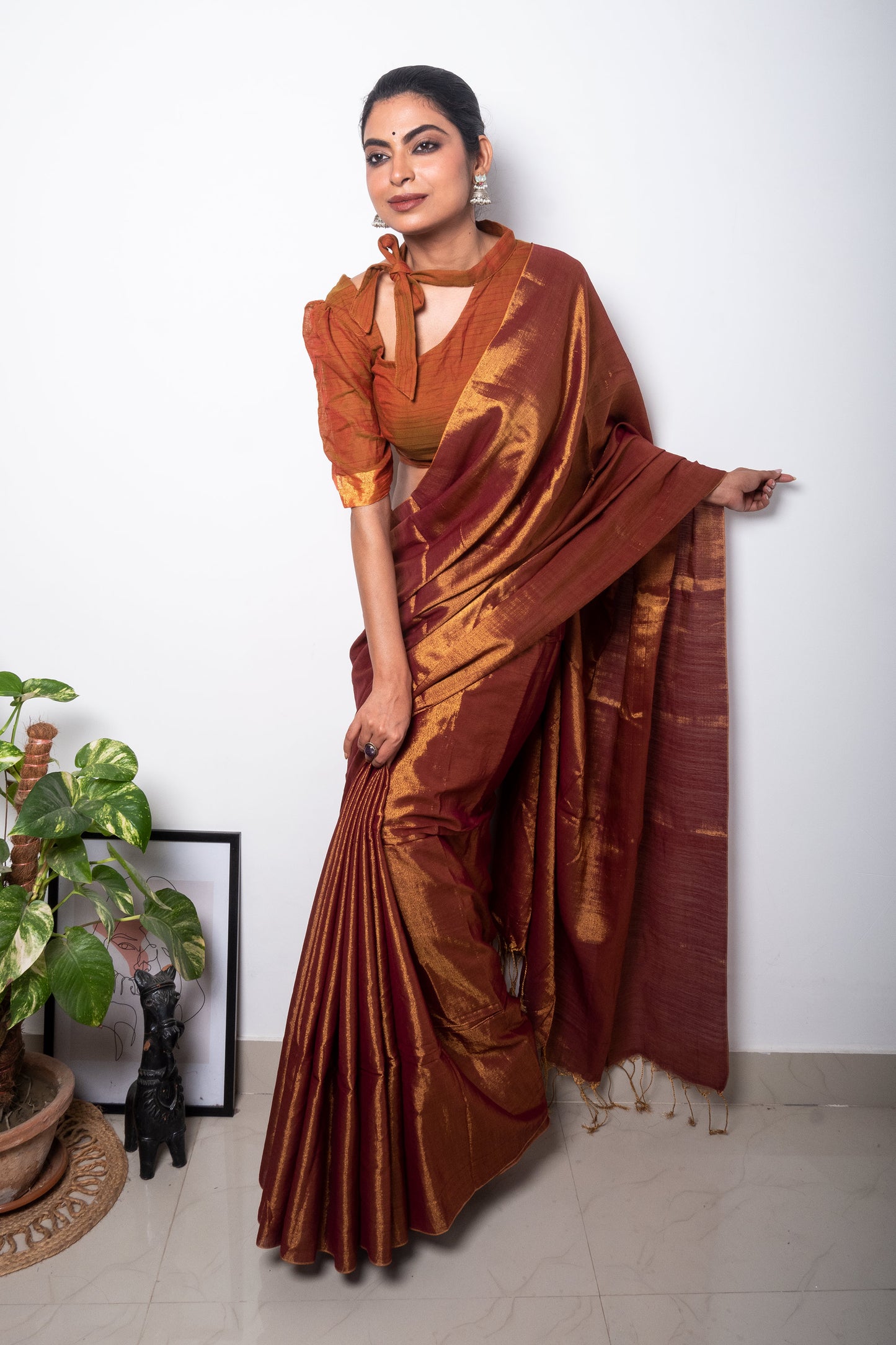 Brown Rust Cotton Tissue Saree