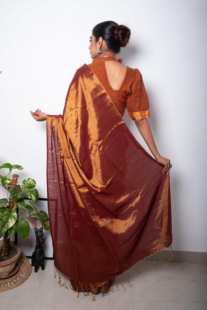 Brown Rust Cotton Tissue Saree