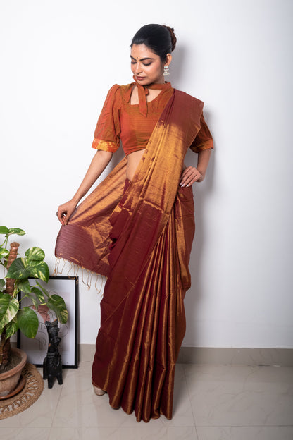 Brown Rust Cotton Tissue Saree